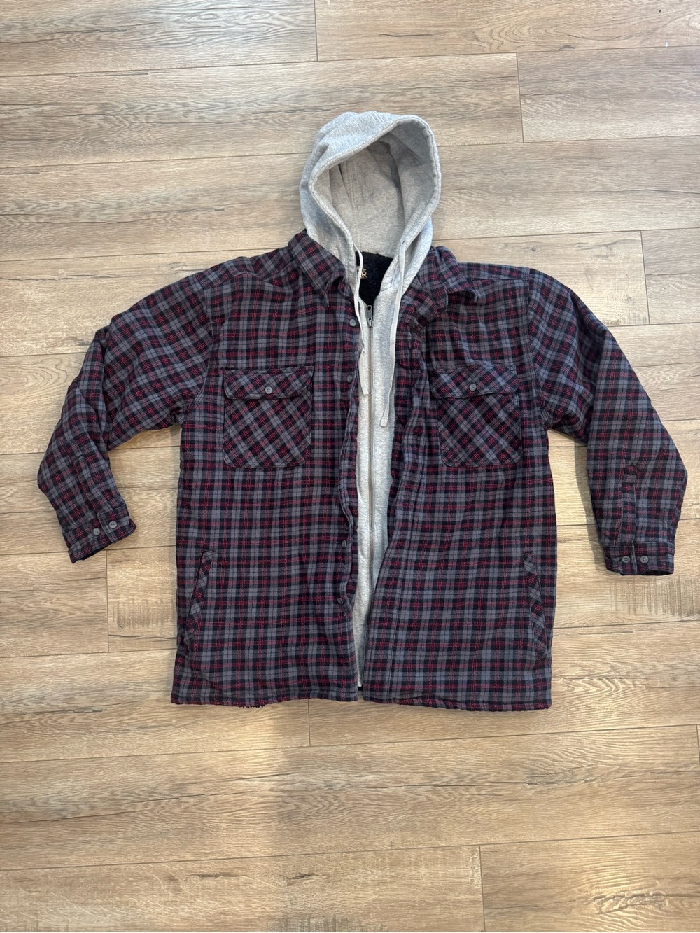Plaid Hooded Flannel Jacket - Gray & Burgundy